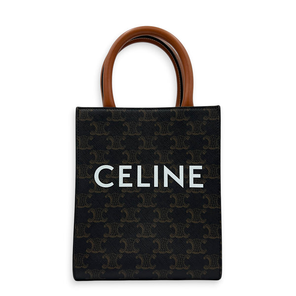 Vertical Cabas Small Brown Top Handle Bag in Coated Canvas, Gold hardware