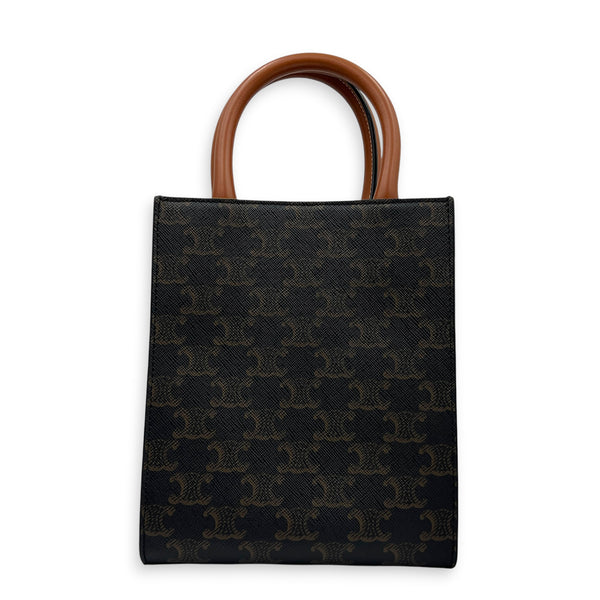 Vertical Cabas Small Brown Top Handle Bag in Coated Canvas, Gold hardware
