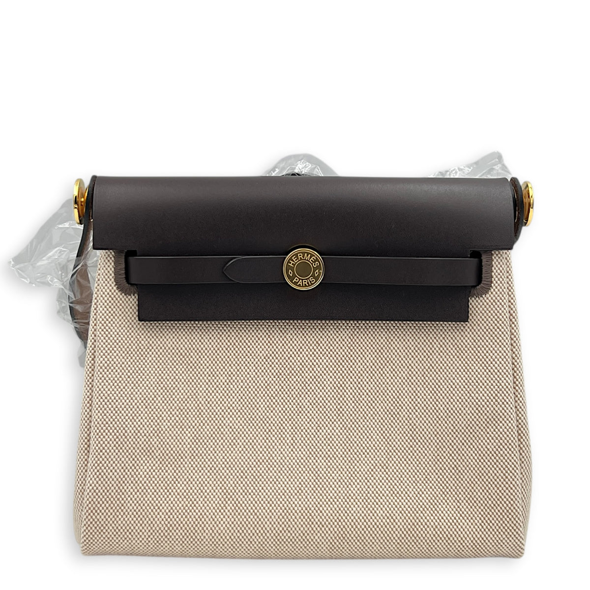 Herbag Mini Beige Shoulder Bag in Canvas, Gold hardware