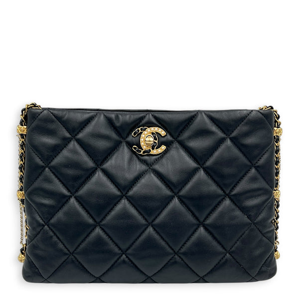 Quilted Crush on Chains Black Shoulder Bag in Lambskin, Gold hardware