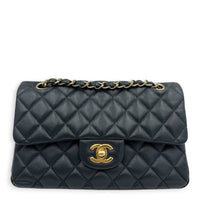 Classic Double Flap Small Blue Shoulder Bag in Caviar Leather, Gold hardware