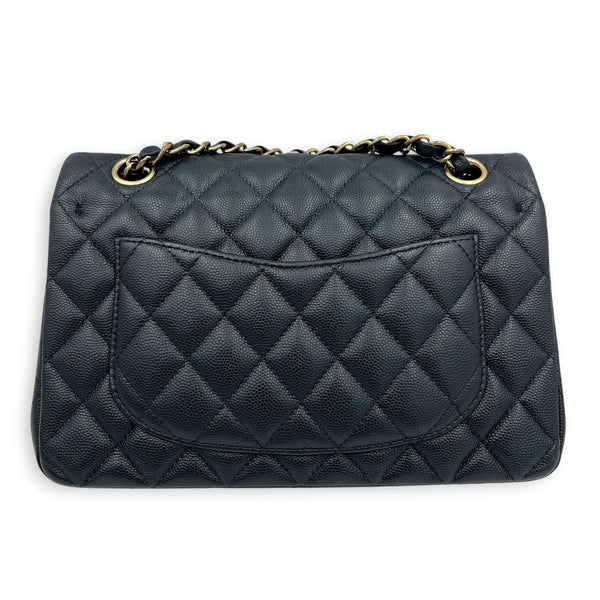Classic Double Flap Small Blue Shoulder Bag in Caviar Leather, Gold hardware