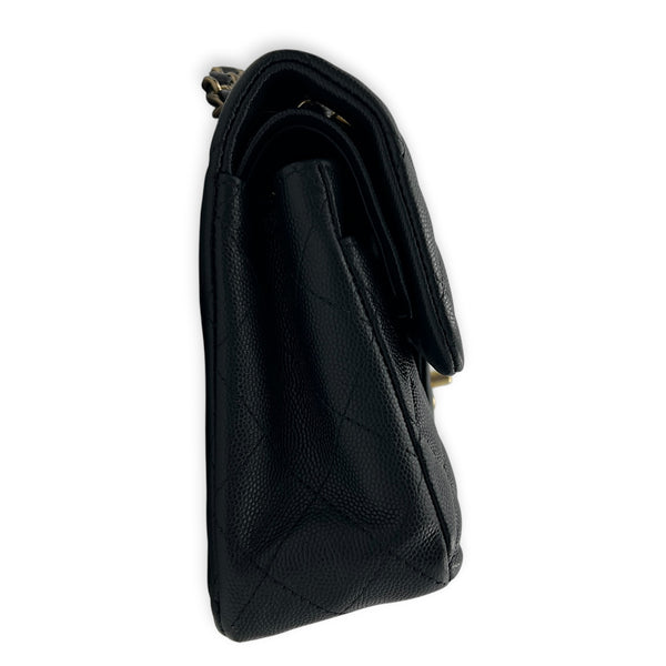 Classic Double Flap Small Blue Shoulder Bag in Caviar Leather, Gold hardware