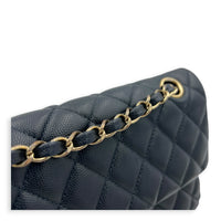 Classic Double Flap Small Blue Shoulder Bag in Caviar Leather, Gold hardware