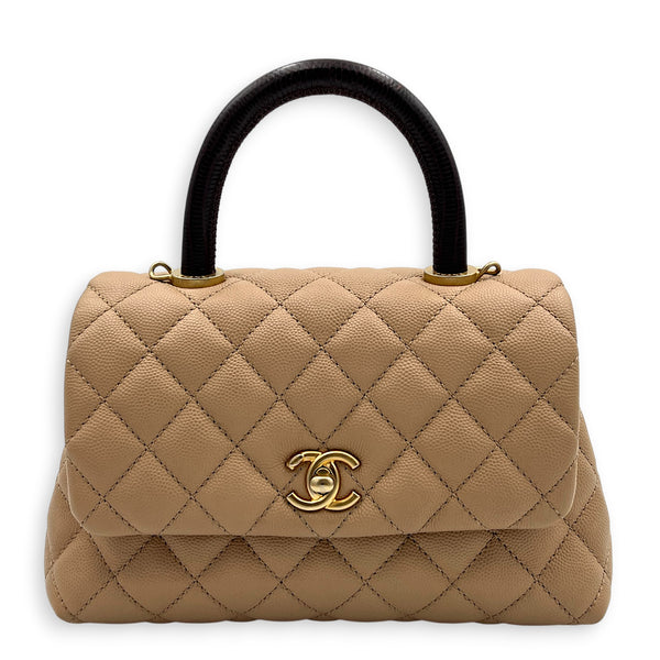 Coco Top Handle Bag Dark Beige in Caviar Leather, Gold hardware