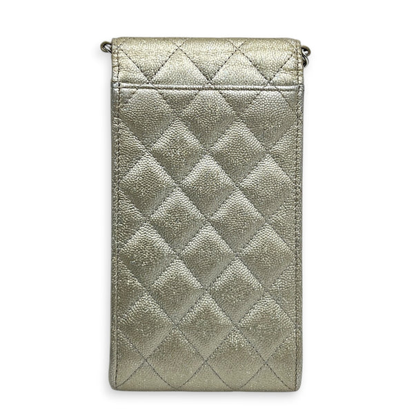 CC Quilted  Phone Bag Gold in Caviar Leather, Silver hardware