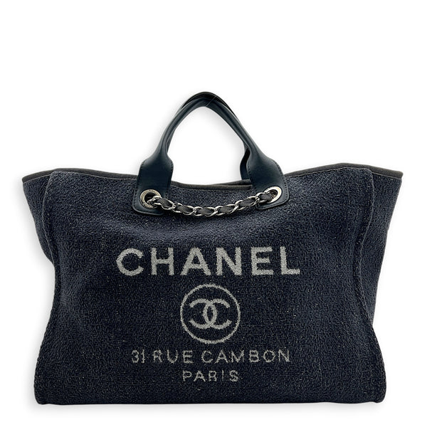Deauville Tote Bag Large Blue in Tweed, Silver hardware