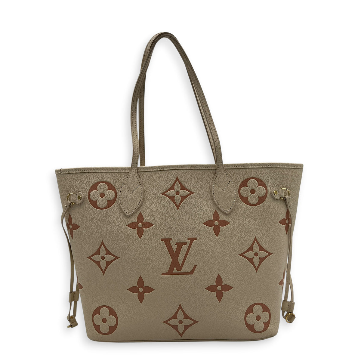 Neverfull MM Beige Tote Bag in Monogram Empreinte Leather, Gold hardware