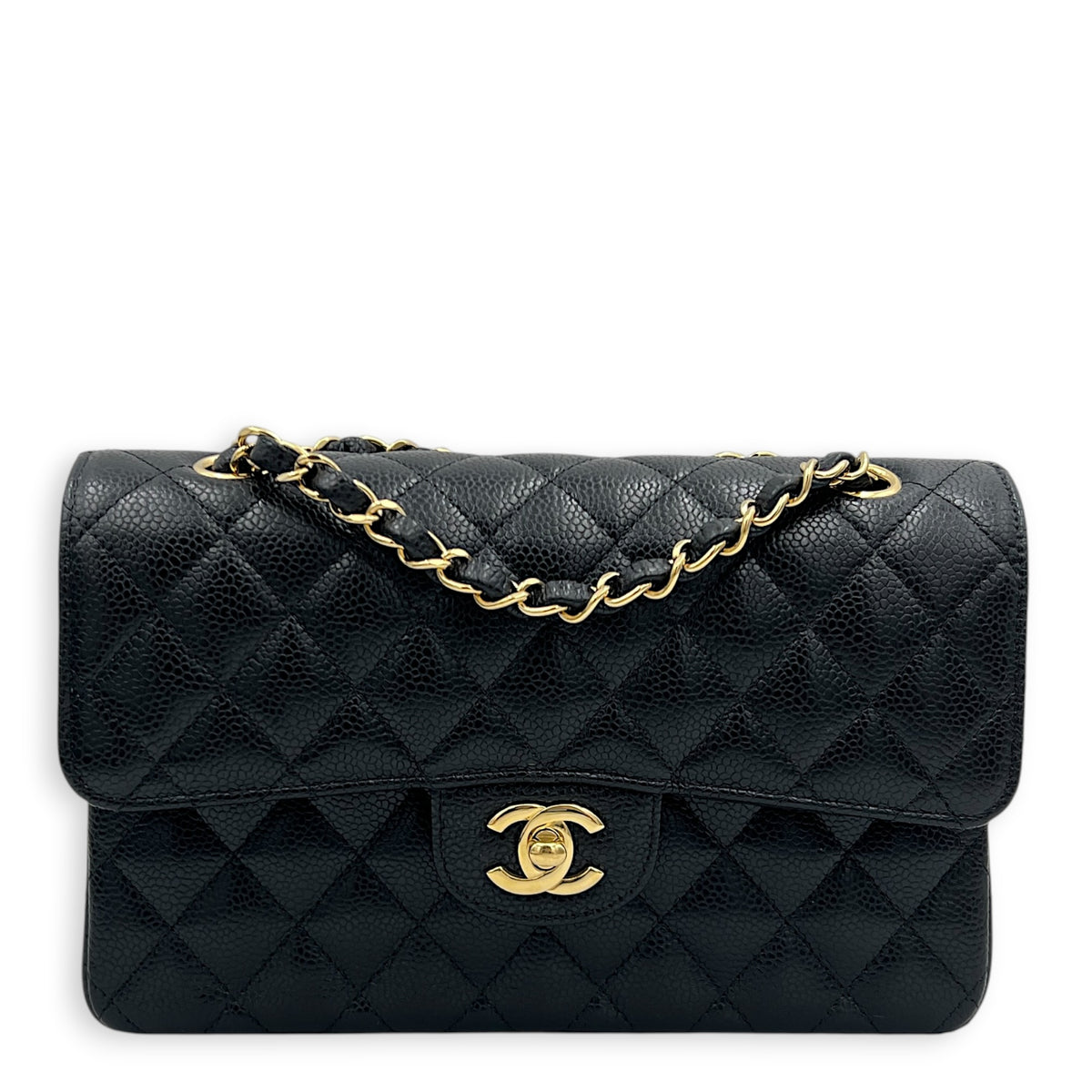 Classic Double Flap Small Black Shoulder Bag in Caviar Leather, Gold hardware