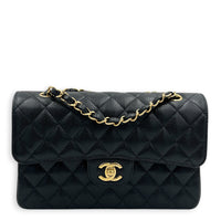Classic Double Flap Small Black Shoulder Bag in Caviar Leather, Gold hardware