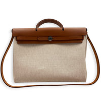 Herbag 39 Ecru-Beige/Fauve Top Handle Bag in Canvas, Palladium hardware