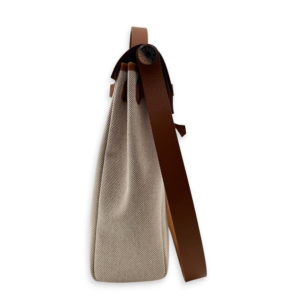 Herbag 39 Ecru-Beige/Fauve Top Handle Bag in Canvas, Palladium hardware