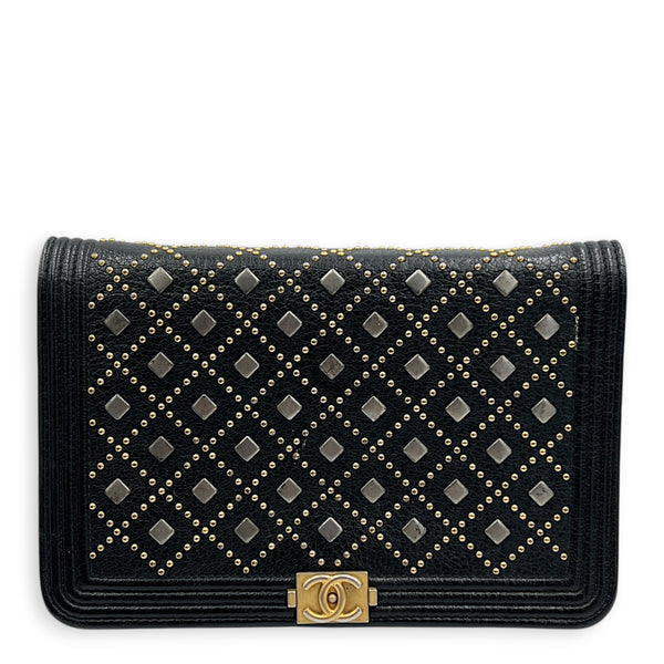 Studded Boy Black Wallet On Chain in Calfskin, Gold hardware