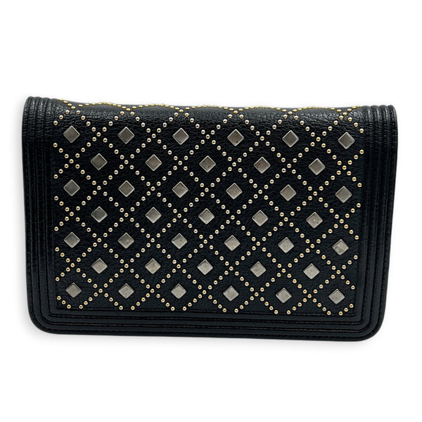 Studded Boy Black Wallet On Chain in Calfskin, Gold hardware