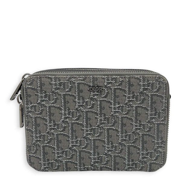 Double Zipped Grey Crossbody Bag in Jacquard, Gunmetal hardware