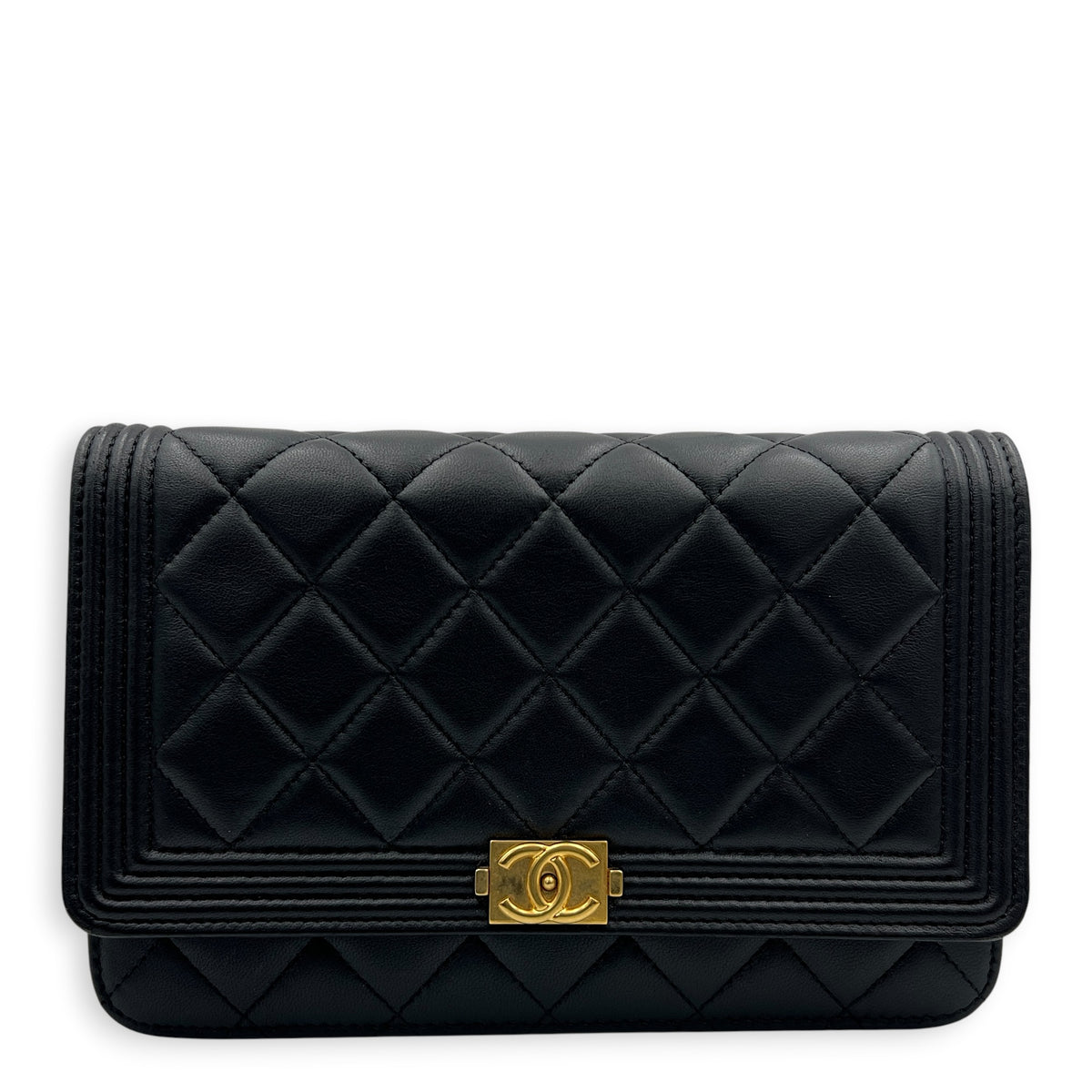 Boy Wallet On Chain Black in Lambskin, Gold hardware