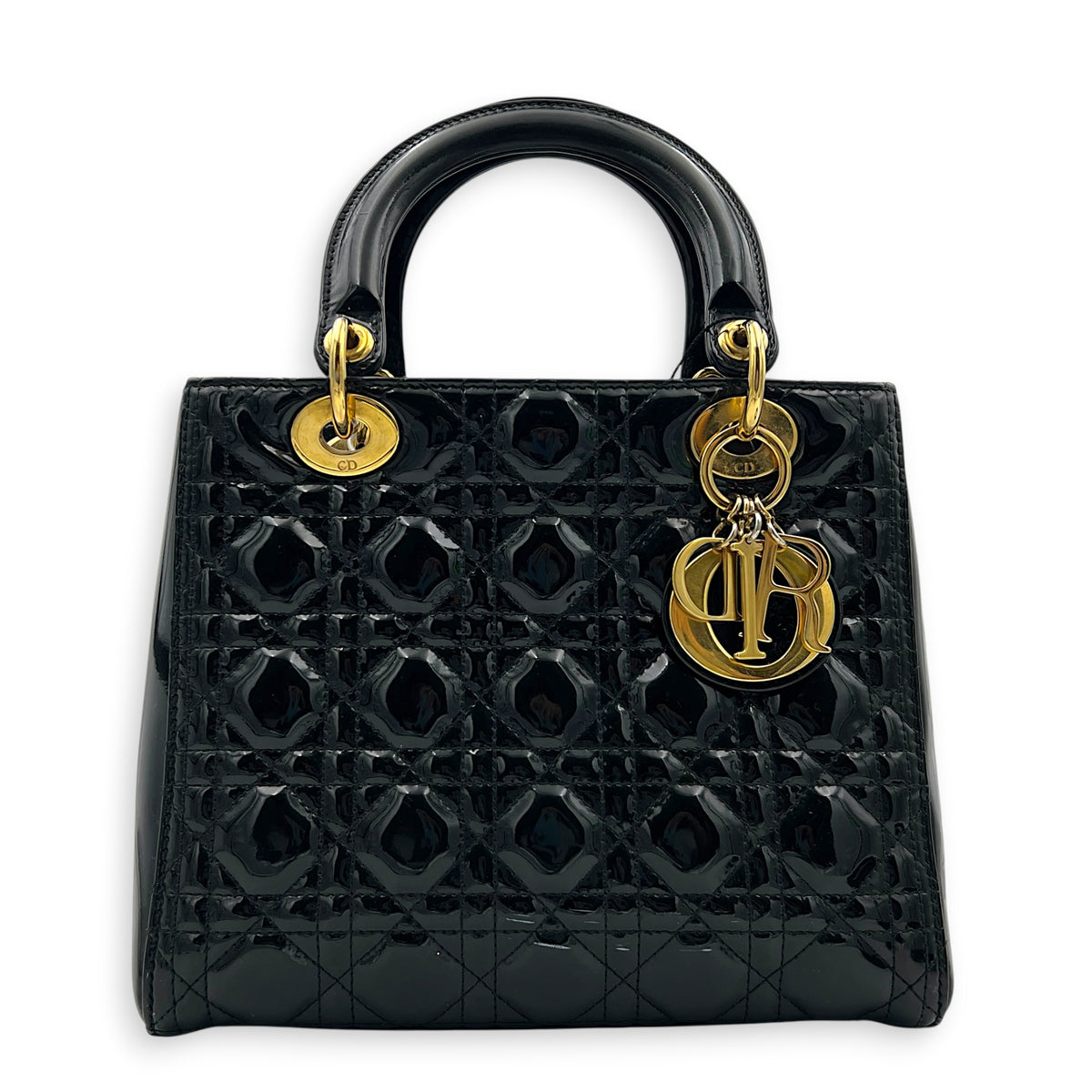 Lady Dior Top Handle Bag Medium Black in Patent Leather, Gold hardware