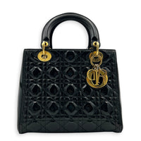 Lady Dior Top Handle Bag Medium Black in Patent Leather, Gold hardware