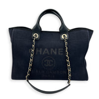 Deauville Medium Navy Tote Bag in Canvas, Gold hardware