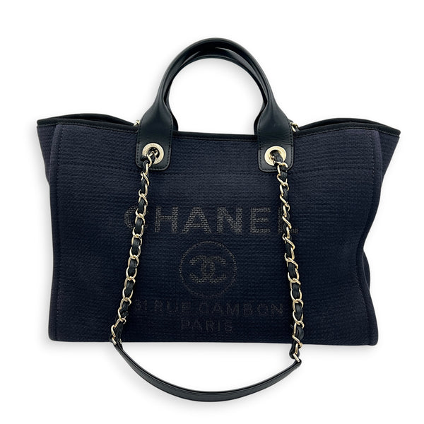 Deauville Medium Navy Tote Bag in Canvas, Gold hardware