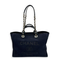 Deauville Medium Navy Tote Bag in Canvas, Gold hardware