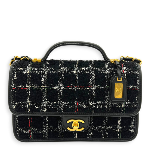 School Memory Black Shoulder Bag in Tweed, Gold hardware