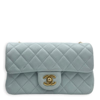 CC Mini Rectangle Pearl Crush Light Blue Shoulder Bag in Lambskin, Gold hardware