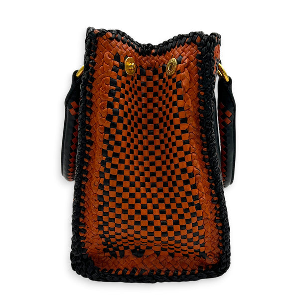 Galleria Orange Top Handle Bag in Woven Calfskin, Gold hardware