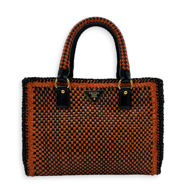 Galleria Orange Top Handle Bag in Woven Calfskin, Gold hardware
