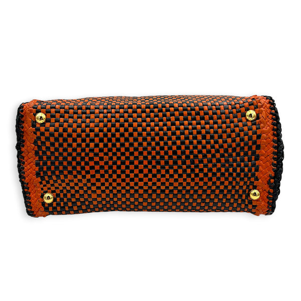 Galleria Orange Top Handle Bag in Woven Calfskin, Gold hardware