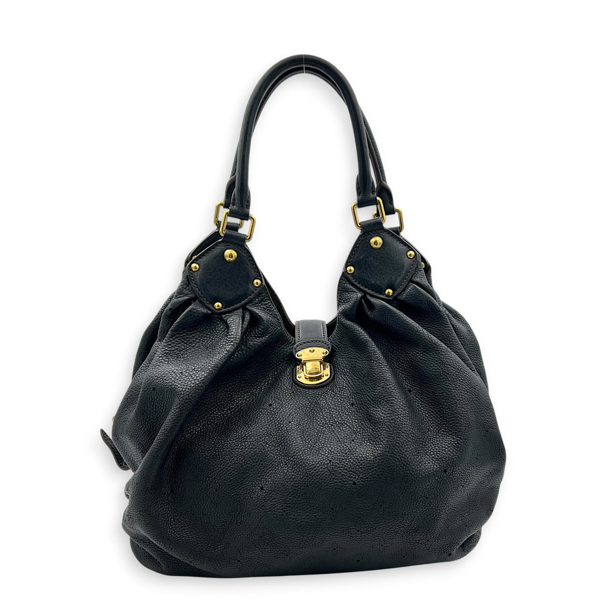 Mahina Black Top Handle Bag in Calfskin, Gold hardware