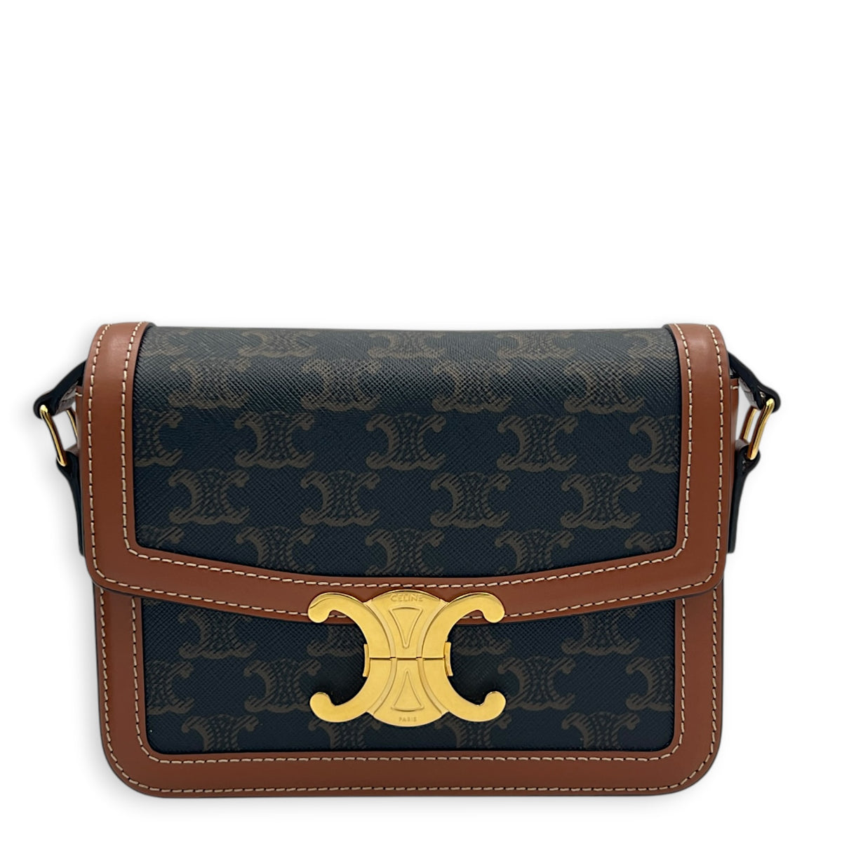 Teen Shoulder Bag Tan / Triomphe Canvas in Coated Canvas, Gold hardware