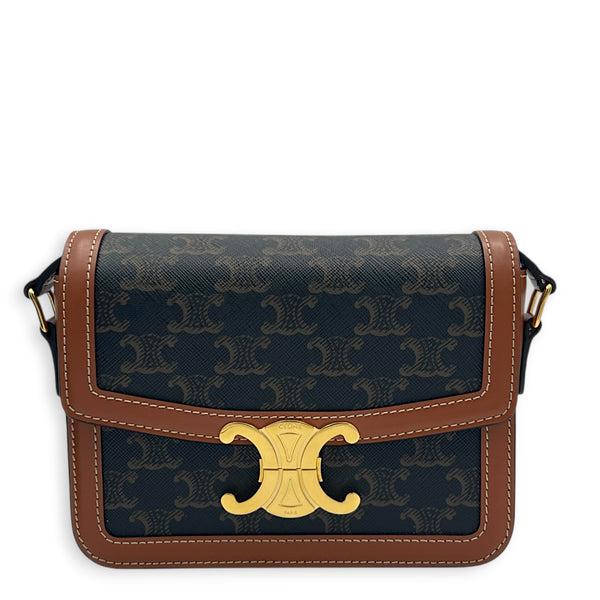 Teen Shoulder Bag Tan / Triomphe Canvas in Coated Canvas, Gold hardware