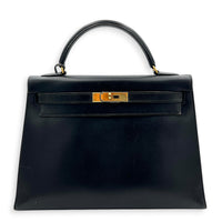 Sellier Kelly 32 Black Top Handle Bag in Box, Gold hardware