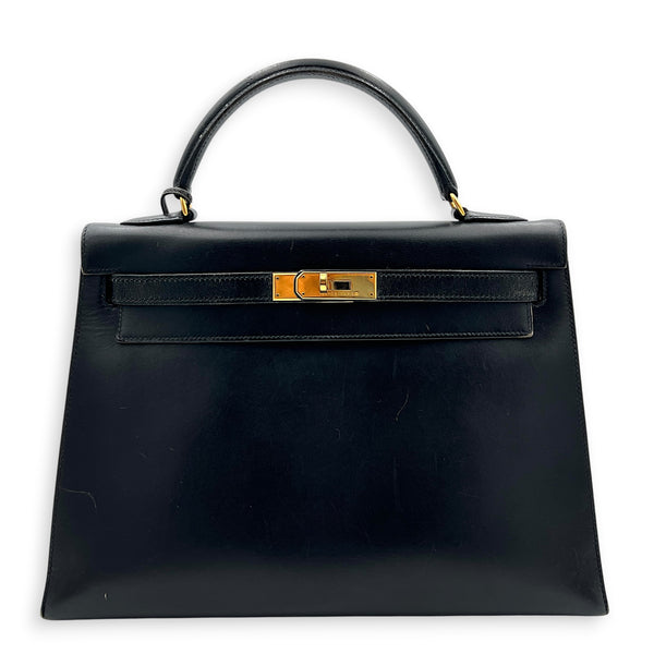Sellier Kelly 32 Black Top Handle Bag in Box, Gold hardware