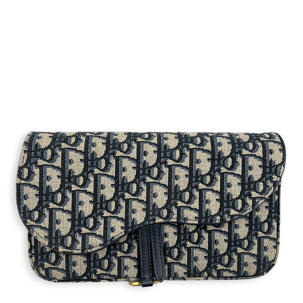Saddle Blue Wallet On Chain in Jacquard, Gold hardware