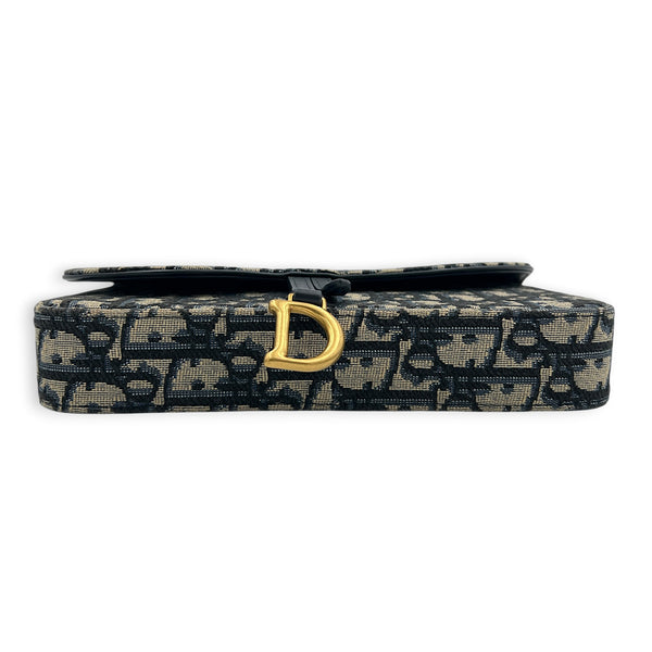 Saddle Blue Wallet On Chain in Jacquard, Gold hardware