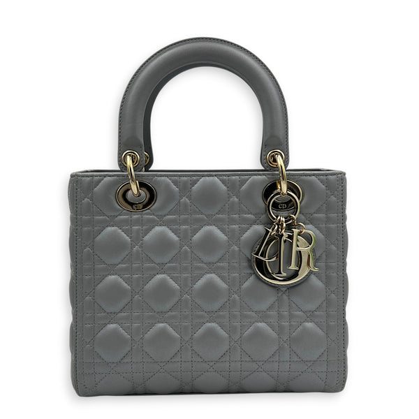 Lady Dior Top Handle Bag Medium Pearly Grey in Lambskin, Gold hardware