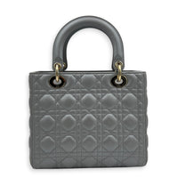 Lady Dior Top Handle Bag Medium Pearly Grey in Lambskin, Gold hardware