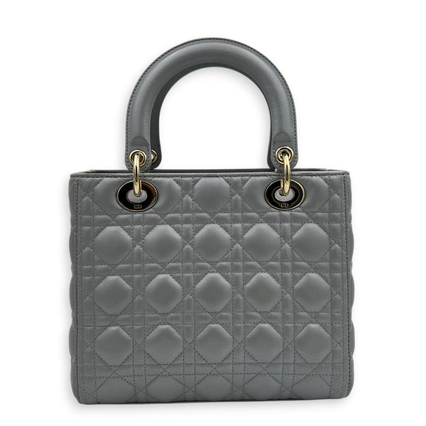 Lady Dior Top Handle Bag Medium Pearly Grey in Lambskin, Gold hardware