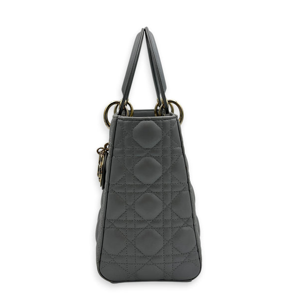 Lady Dior Top Handle Bag Medium Pearly Grey in Lambskin, Gold hardware