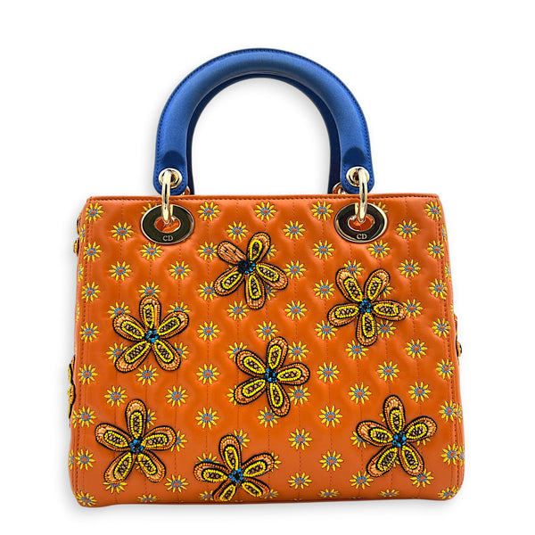 Lady Dior Top Handle Bag Medium Orange in Lambskin, Gold hardware