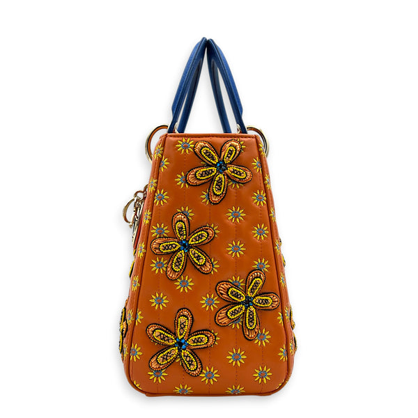 Lady Dior Top Handle Bag Medium Orange in Lambskin, Gold hardware