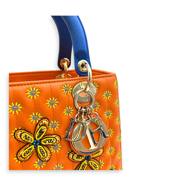 Lady Dior Top Handle Bag Medium Orange in Lambskin, Gold hardware