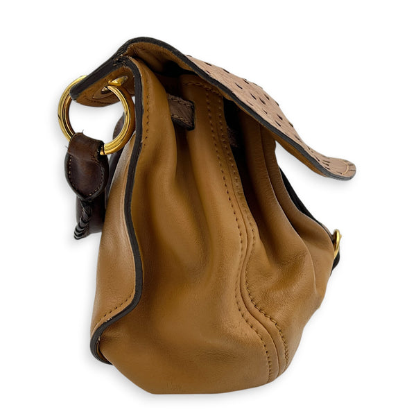 Tri Color Brown Shoulder Bag in Ostrich, Gold hardware