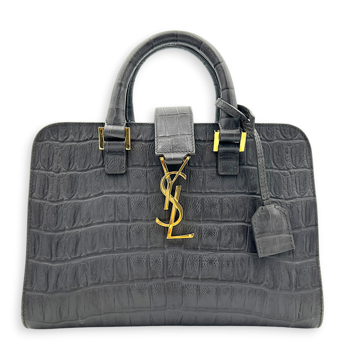 Cabas Top Handle Bag Small Grey in Crocodile Embossed Calfskin, Gold hardware