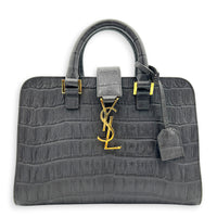 Cabas Top Handle Bag Small Grey in Crocodile Embossed Calfskin, Gold hardware