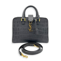 Cabas Top Handle Bag Small Grey in Crocodile Embossed Calfskin, Gold hardware