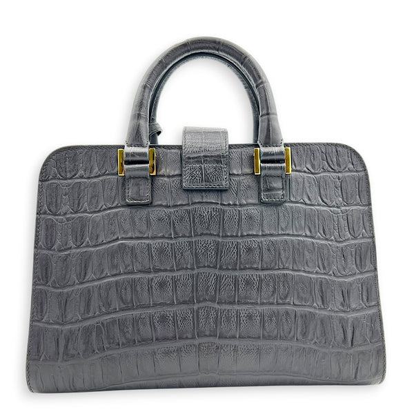Cabas Top Handle Bag Small Grey in Crocodile Embossed Calfskin, Gold hardware
