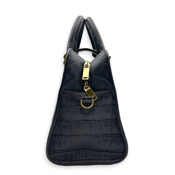Cabas Top Handle Bag Small Grey in Crocodile Embossed Calfskin, Gold hardware
